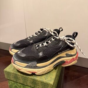 Balenciaga Black, Cream & Red Triple S Chunky Sneakers